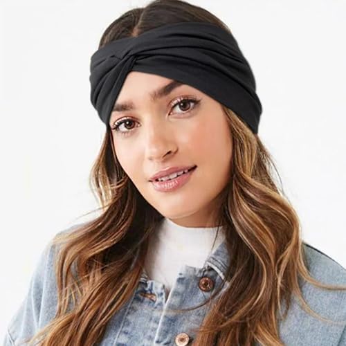 AQOKKA Extra Wide Headbands for Women Large Turban Headband Non Slip Boho Elastic Hairband Hair Twisted Knot Head Bands Accessories - color: 4 Pcs Solid: Navy Blue, Black, Dark Grey, Light Grey