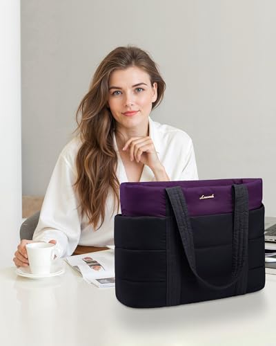 LOVEVOOK Tote Bag for Women, Large Puffer Work Tote Laptop Bag, Lightweight Travel Tote Bag with Zipper Gifts for Women - color: Black-purple-a, size: 15.6 Inch