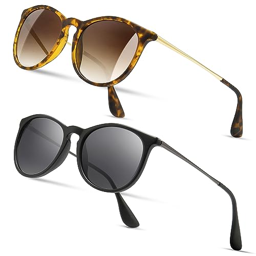 SUNGAIT Premium Vintage Round Sunglasses for Women Men Classic Retro Trendy Style - color: 2 Pack (Polarized): Matte Black/Gray+matte Amber/Brown Gradient