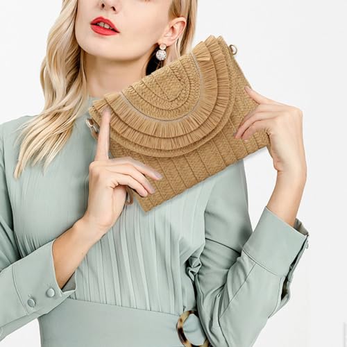 Gets Straw Clutch Purse for Women, Woven Beach Bag Summer Corssbody Purse Small Rattan Shoulder Bag for Travel | Hand-woven - color: Raffia Fringed Khaki