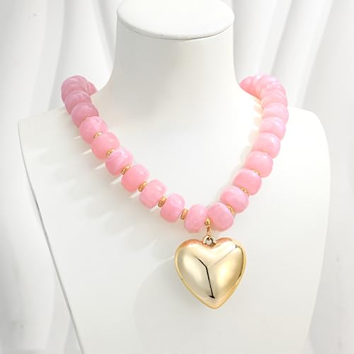 WOWORAMA Chunky Heart Necklaces for Women Colorful Resin Beaded Choker Necklace Gold Puffy Heart Statement Necklace Trendy Acrylic Choker Jewelry - color: Pink