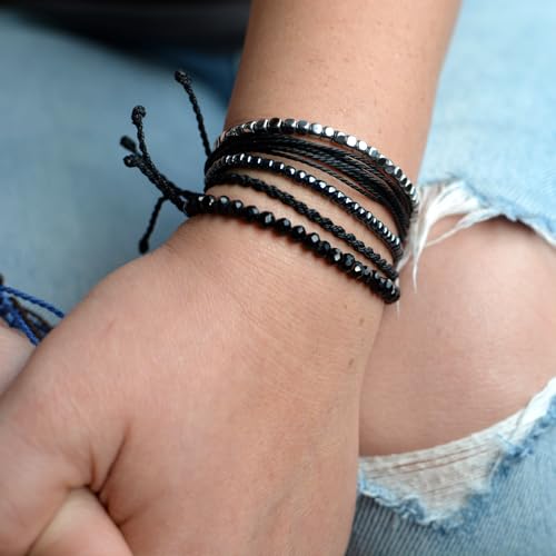 Mezcla Vida Handmade Waterproof Rope Bracelets Pack String & Beaded Bracelet Stack - Set of 5 Stackable Bracelets For Women, Summer Accessories & Bohemian Bracelets for Teen Girls - color: Black