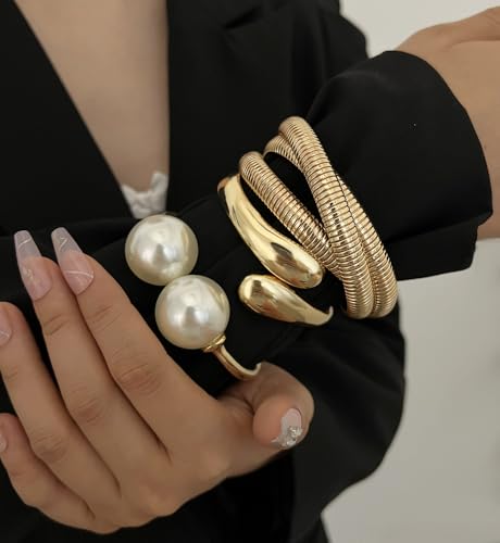Chunky Gold Bangle Bracelets for Women, Dainty 14k Gold Plated Big Stackable Bangles Set, Trendy Cuff Bracelet Stack Fashion Jewelry Gifts - style: 3 Pearl gold bangles