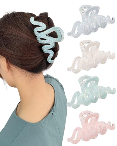 4Pcs Large Hair Claw Clips, Nonslip Cute Jelly Hair Clips for Thick Hair and Long Hair - color: Wave-White + Pink + Blue + Cyan