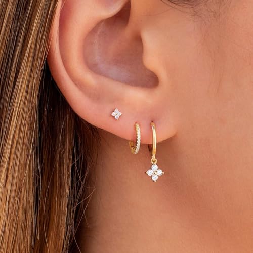 3 Pairs Small Earring Stacks, 14K Gold/Silver/Black/Rose Gold Plated Pearl Heart Butterfly Star Diamond Charm Drop Huggie Earrings Trendy Jewelry Gift for Women - color: Gold-Four Leaf