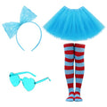 Women Tutu Costume Accessories Set, Striped Knee Socks Tutu Skirt Sunglasses and Bow Headband Colorful Party Favors - color: Light Blue