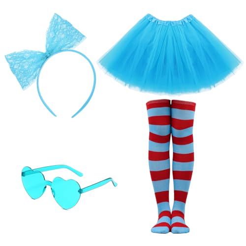 Women Tutu Costume Accessories Set, Striped Knee Socks Tutu Skirt Sunglasses and Bow Headband Colorful Party Favors - color: Light Blue