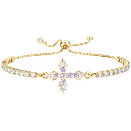 VIBILIA Bracelets for Women, Cross Bracelets for Women Trendy, Dainty Tennis Bracelet, Catholic Gift for Mom Daughter Wife Sister Friend, Communion Gift on Birthday Valentine's Day Easter Mother's Day - color: C. Gold-Purple