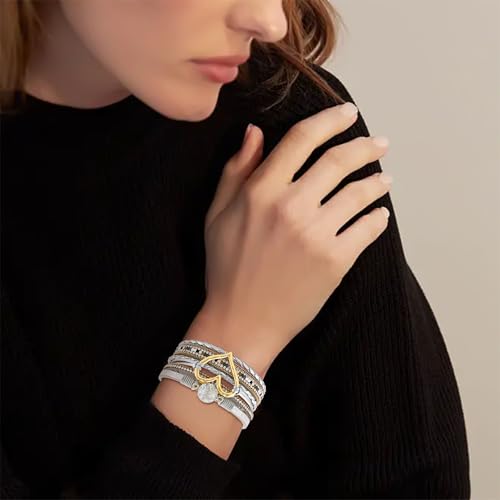 VIBILIA Boho Leather Wrap Bracelets for Women Multi-Layer Bracelets with Strong Clasp Jewelry for Women - color: 01-Heart-GoldSilver