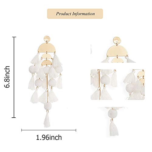 Long Tassel Earrings for Women Colorful Fringe Drop Dangle Earrings Bohemian Hawaiian Summer Beach Jewelry for Womens Vacation Outfits - color: White