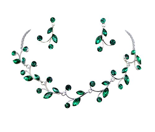 Faship Gorgeous Rhinestone Crystal Floral Necklace Earrings Set - color: Green