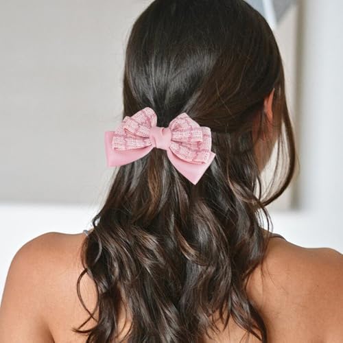 2Pcs Red & Pink Grid Velvet Big Bow Hair Clips for Women Girls, Cute Aesthetic No-Long-Tail Hair Barrettes for Daily Wear