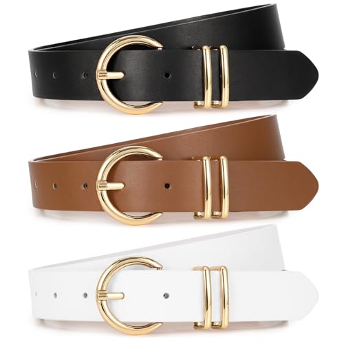 XZQTIVE 3 Pack Women Belts For Jeans Dresses Pants Ladies Leather Waist Belt with Gold Buckle - color: Round Buckle Black+brown+white, size: Fit Pant 24-29in
