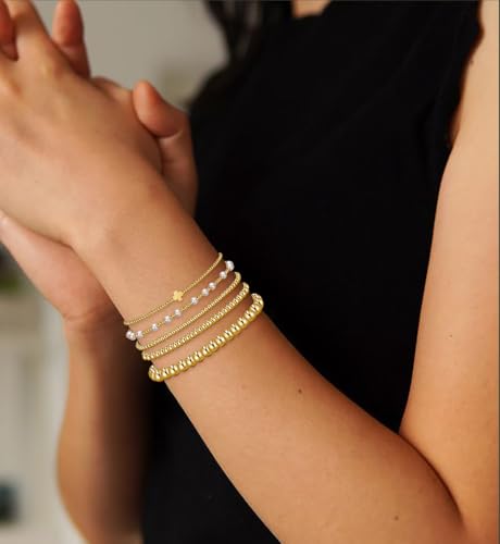Gold Beaded Bracelets for Women, 14K Real Gold Plated Jewelry for Women Dainty Pearl Bead Bracelets Stack, Non Tarnish Trendy Stackable Ball Cross Stretch Bracelet Set Fashion Accessories Gifts - color: Gold cross bead