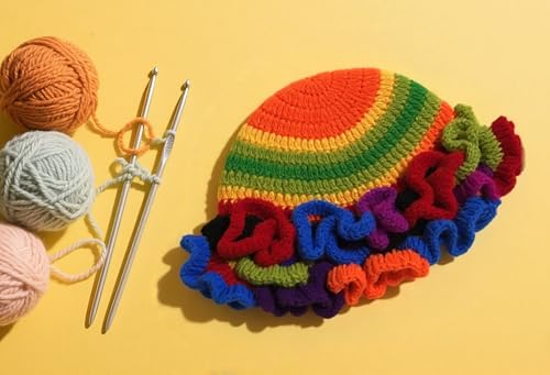 Handmade Crochet Bucket Hat for Women Boho Chic Slouchy Design Colorblock Ruffled Brim Festival&Daily Crochet Hat - color: Orange Top Contrasting