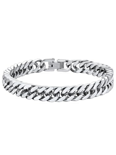 ChainsHouse Stainless Steel Cuban Link Bracelet, 8mm/12mm/17mm Width, 7.5"/8.3"/9", 18K Gold Plated Chain Wrist Bracelets for Men Women, Send Gift Box - color: B: Steel-8mm width