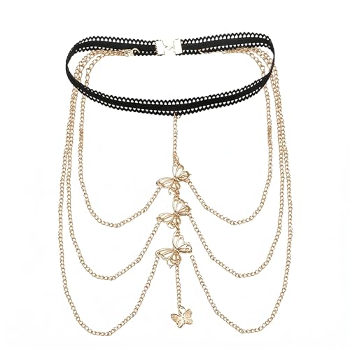 Boho Thigh Chain with Pearl Butterfly Charms Layered Gold Thigh Chain for Women Elastic Lace Leg Chain Bikini Body Jewelry for Summer Beach Party Practical Present