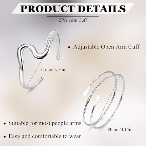 2Pcs Arm Cuff Gold Upper Arm Cuff for Women Adjustable Upper Arm Bracelets Open Irregular Arm Bangle Minimalist Coil Swirl Armlets Armband Jewelry - style: styleE silver