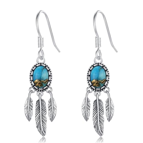 Natural Turquoise Earrings for Women Dangling 925 Sterling Silver Dangle Earrings Western Jewelry Christmas Gift for Sister Mother - style: C-Feather Earrings