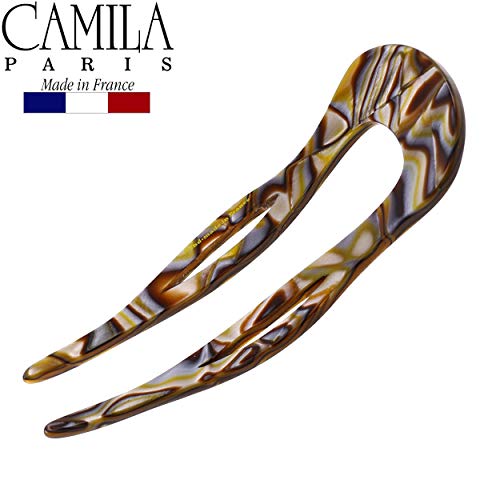 Camila Paris CP2484 French Twist Stick Clip Pins, Handmade, Onyx, Girls Hair Pin U-Shaped Hair Fork for Girls Spiral Updo Chignon Bun Holder, Fashion Styling Hair Accessories for Women, Made in France - color: 2-Prong Onyx