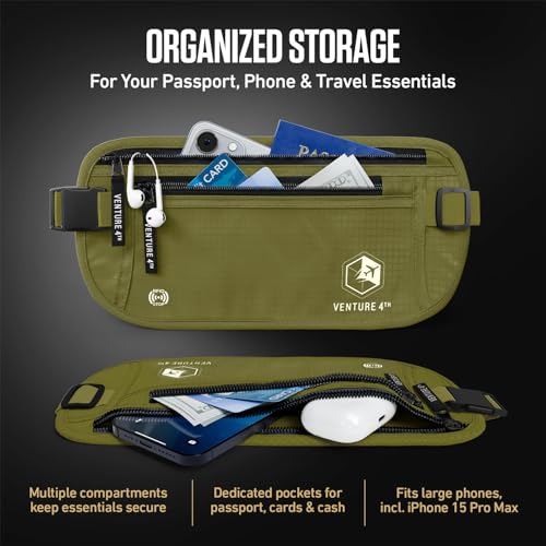 VENTURE 4TH Money Belt for Travel – Slim Hidden Under-Clothes RFID Blocking Anti-Theft Passport Holder & Travel Wallet Pouch for Men & Women to Protect Cash, Cards & Documents (Green) - color: Green