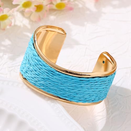 Raffia Colorful Chunky Cuff Bracelet For Women Statement Irregular Wave Vacation Tropical Beachy Spring Summer Wide Open Bangle Handmade Boho Costume Jewelry Accessories - color: Blue