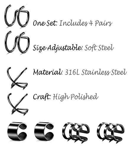 Tornito 4-10 Pairs Stainless Steel Ear Cuff Helix Cartilage Clip On Wrap Earrings Fake Nose Ring Non-Piercing Adjustable - color: E1:4 Pairs, Black Tone