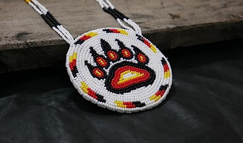 Handmade Native American Style Tribal ethnic Seed Bead Beaded Layered Medallion Necklace #1 - color: Bear Paw White