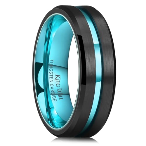 King Will Mens Tungsten Rings for Men Two Tone Grooved Mens Wedding Band Cool - color: Black & Ice-Blue 7mm