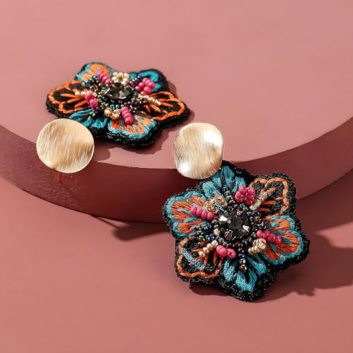 Boho Floral Embroidered Earrings with Colorful Bead Accents and Crystal Center for Women - color: Blue