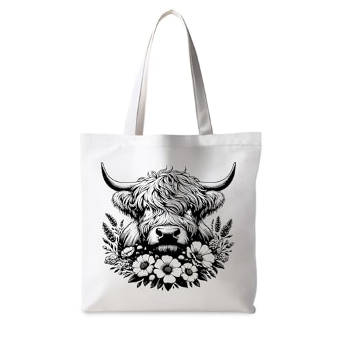 Preppy Animal Tote Bag, Pet Canvas Tote Bag, Reusable Grocery Shopping Shoulder Bags - color: Highland Cow
