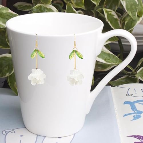 Resin Flower Cluster Ball Dangle Drop Earrings for Women Spring Summer Bohemian Floral Petal with Green Leaf Earrings Vacation Party Jewelry - color: White