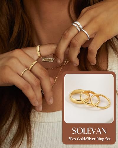 Silver Gold Rings for Women Non Tarnish 14K Gold Plated Stackable Rings for Women Stacking Thumb Pinky Eternity Cubic Zirconia Engagement Wedding Band Ring Set Woman Jewelry 1.5mm 2.5mm 5mm - color: B-Gold Stackable Rings