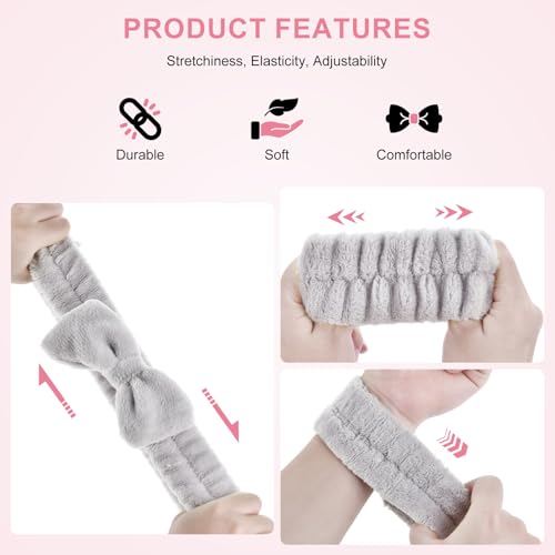 Dorbetar 6Pack Headband and Wristband Set for Washing Face, Spa Skincare Makeup Headband, Soft Puffy Hair Band Bow Tie, for Women and Teen Girl Trendy Stuff Gifts - color: light gray+Bean Pink