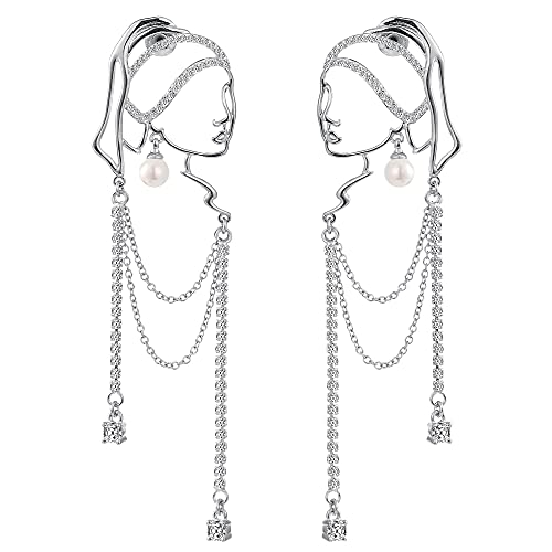 Unique Abstract Face Art | Dangle Statement Long Earrings for Women | Rhinestone Tassel Handmade Chandelier Earrings - color: silver