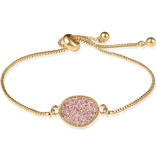 Humble Chic NY Simulated Druzy Chain Bracelet for Women - Boho Stackable Adjustable Bolo Slider Bracelet - color: Gold - Rose Gold Stone