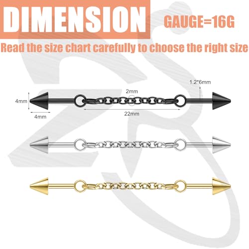 ZS 1 Pair Chain Piercing Jewelry, 16G Surgical Steel Industrial Stud Earring, Dangle Chain Bar Cartilage Helix Piercing for Women Men - color: 2PCS Black