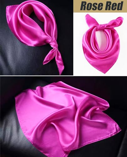 Hioyiwse Satin Square Scarf for Women Solid Color Emulation Silk Handkerchief Hair Ribbon Headband Handbag Purse - color: D7-rose Red(23.6*23.6inch)
