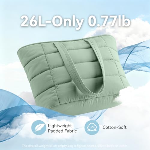 Puffer Tote Bag with Pouch, Women's Lightweight Quilted Shoulder Bag, 15.6"/17.3 Laptop Travel Weekender for Work & Nurses - color: Green, size: Medium