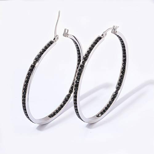 CiNily Mult-colors Crystal Stainless Steel Hoop Earring for Women Hypoallergenic Jewelry for Sensitive Ears Large Big Hoop Earrings 2" - color: Black