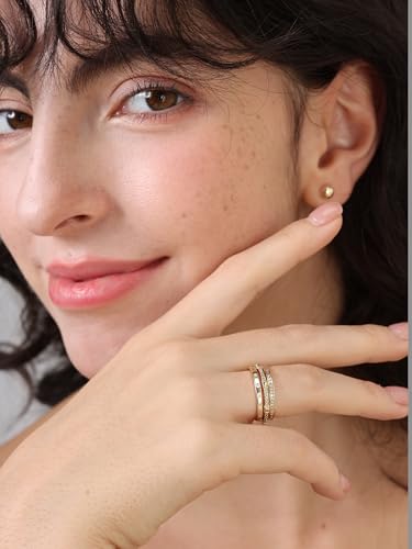14K Gold Filled Rings for Women, Dainty Stacking Rings for Women, Thin Gold Band Ring Plain Statement Ring Comfort Fit Size 6-10 - color: Gold-CZ-3PCS