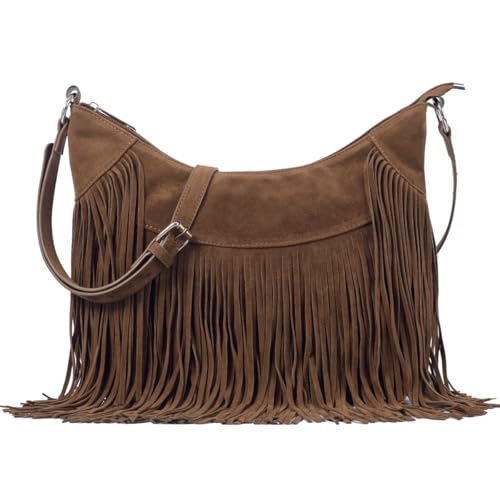 Sunwel Fashion Women Fringe Hobo Bag Western Purse Shoulder Bag Vegan Suede Tassel Hippie Crossbody Bag - color: Coffee