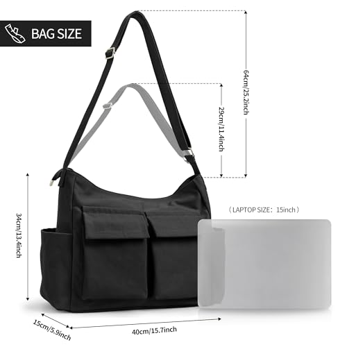 KALIDI Canvas Tote Bag Large Hobo Crossbody Shoulder Handbag Zipper Messenger Bag for Women or Men Casual College Work - color: Upgraded Black