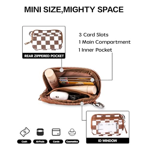 Wristlet Wallet for Women Mini Zip Card Case with Clear ID Window Zipper Coin Purse Lightweight Portable Keychain Wallet - color: Brown Lattice