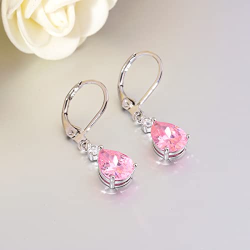 CiNily Teardrop Leverback Dangle Earrings for Women Hypoallergenic 14K Gold Plated Cubic Zircon Drop Earrings Fashion Crystal Earrings for Girls Jewelry Christmas Gifts - color: White Gold-Pink CZ