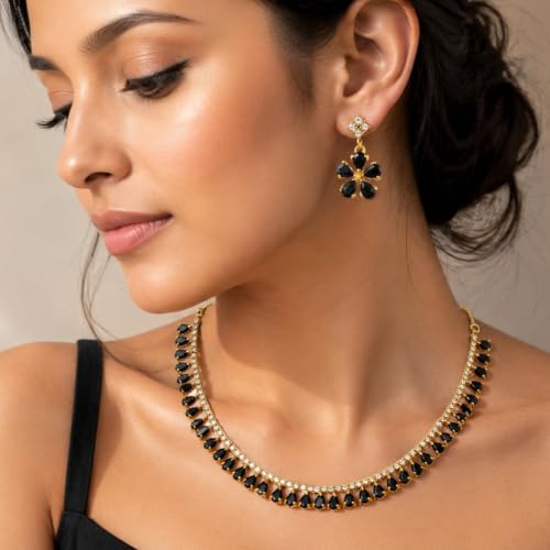 JewarHaat Indian Bollywood Necklace Set AD CZ Elegant Gold Plated Multi Stones Sparkling Crystals Choker with Earrings Fashion Jewellery for Women & Girls - color: Black