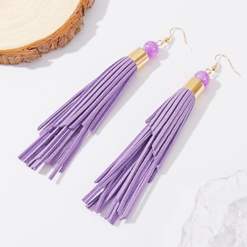 Coiris Boho Leather Layered Tassel Earrings for Women Lightweight Leather Fringe Dangle Earrings Handmade Bohemian Summer Beach Western Drop Earrings for Women - color: Purple
