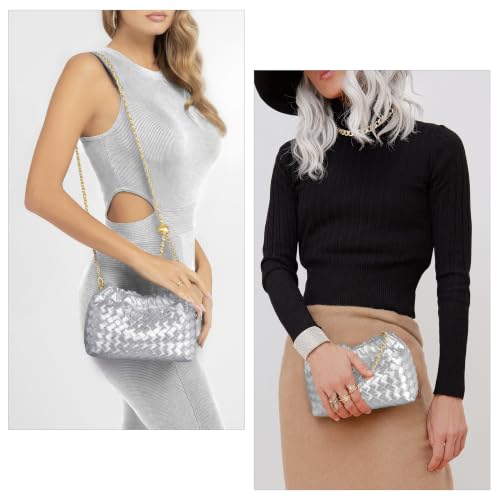 Joryin Woven Women's Crossbody Bag & Evening Purse, Trendy Dumpling Clutch & Hobo Cloud Shoulder Bag Trendy Dumpling Clutch - color: Woven Leather-silver