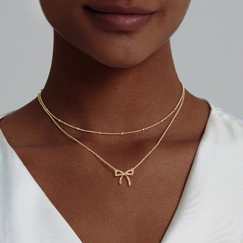 OGD Gold Necklace for Women, Bow Necklace 14K Layered Gold Necklace Dainty Bow Pendant Choker Necklace Trendy Bow Necklace Gold Chain Necklaces for Women Jewelry Gift - color: Gold Bow-2PCS