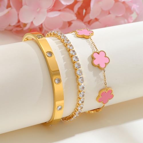 Womens Stackable Floral Gold Bracelets - 3Pcs 18K Gold Plated Bracelet,Stainless Steel Bangle Bracelets Non Tarnish, Gold Bracelet Set Trendy Jewelry,Christmas Valentines Birthday Gifts for Girlfriend - color: Pink